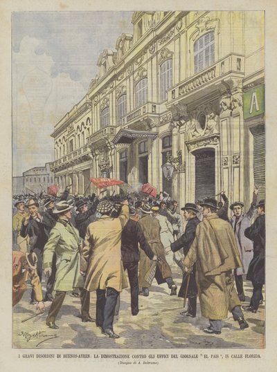 Die schweren Unruhen in Buenos Aires, die Demonstration gegen die Büros der Zeitung El Pais in der Calle Florida von Achille Beltrame