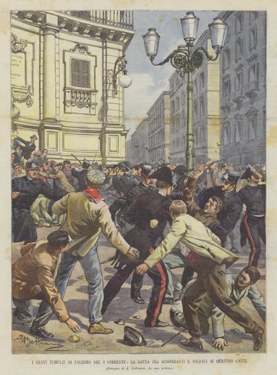 Die schweren Unruhen in Palermo am 3. dieses Monats, der Kampf zwischen Streikenden und Soldaten an den Quattro Canti von Achille Beltrame