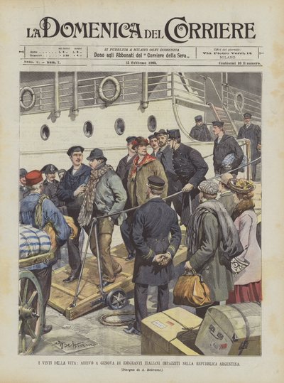 Die Besiegten des Lebens, Ankunft italienischer Auswanderer, die in der argentinischen Republik verrückt geworden sind, in Genua von Achille Beltrame