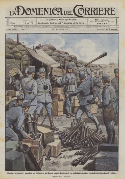Die barbarischen österreichischen Vorbereitungen für die Offensive am unteren Isonzo, Gasflaschen von Achille Beltrame
