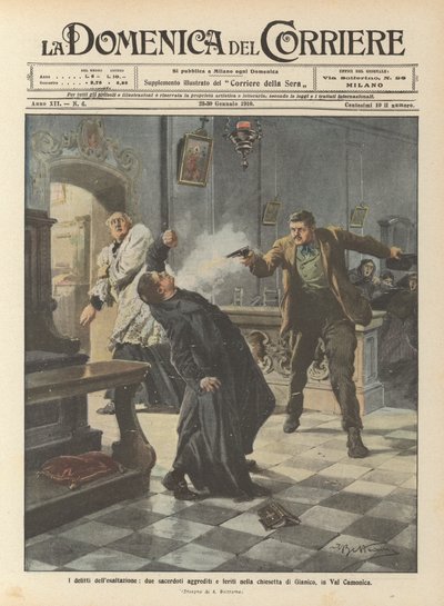 Die Verbrechen der Erhebung, zwei Priester in der Kirche von Gianico im Val Camonica angegriffen und verletzt von Achille Beltrame