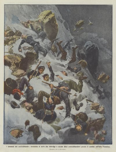 Die Dramen des Schmuggels, Schneesturm, der zehn Schmuggler in der Nähe tötet von Achille Beltrame