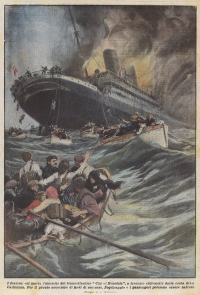 Die Dramen des Meeres, der Brand des Transatlantikliners City of Honolulu, dreihundert Kilometer entfernt von Achille Beltrame