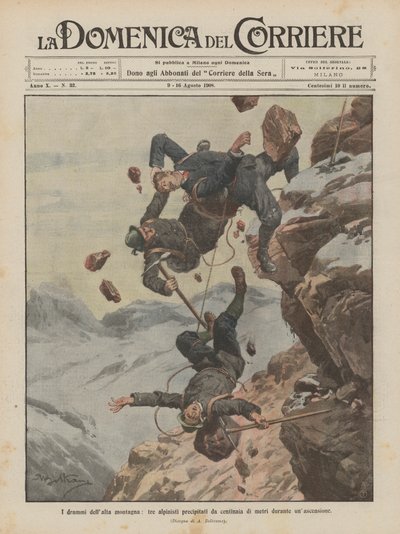 Die Dramen des Hochgebirges, drei Bergsteiger stürzen während eines Aufstiegs hunderte Meter in die Tiefe von Achille Beltrame