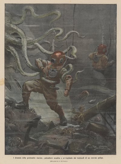 Die Dramen der Tiefsee, ein Taucher wird von den Tentakeln eines riesigen Kraken angegriffen und umschlungen von Achille Beltrame