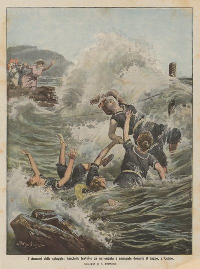 Die Dramen der Strände, Mädchen werden von einer Welle erfasst und ertrinken beim Baden in Osimo von Achille Beltrame