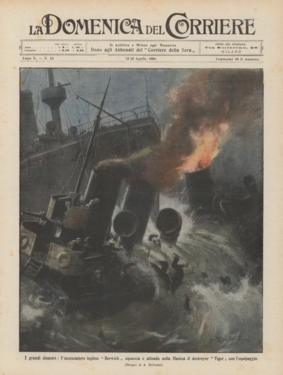 Die großen Katastrophen, der englische Kreuzer Berwick rammt und versenkt den Zerstörer im Ärmelkanal von Achille Beltrame