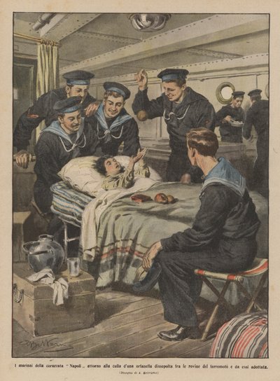 Die Matrosen des Schlachtschiffs Napoli um die Wiege eines Waisenkindes, das aus den Trümmern gerettet wurde von Achille Beltrame
