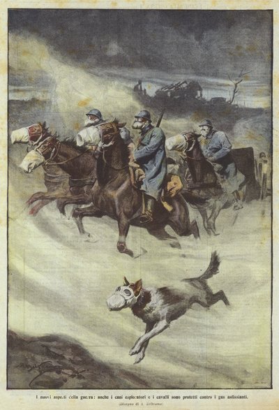 Die neuen Aspekte des Krieges, auch Spürhunde und Pferde sind gegen Giftgas geschützt von Achille Beltrame