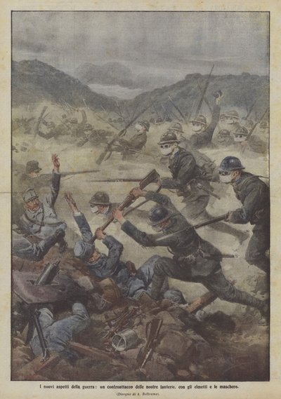 Die neuen Aspekte des Krieges, ein Gegenangriff unserer Infanterie, mit Helmen und Masken von Achille Beltrame