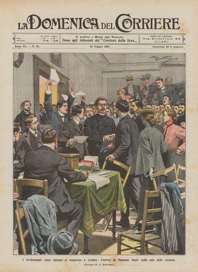 Die russischen Revolutionäre versammeln sich in London, die Ankunft von Maxim Gorki im Versammlungssaal von Achille Beltrame