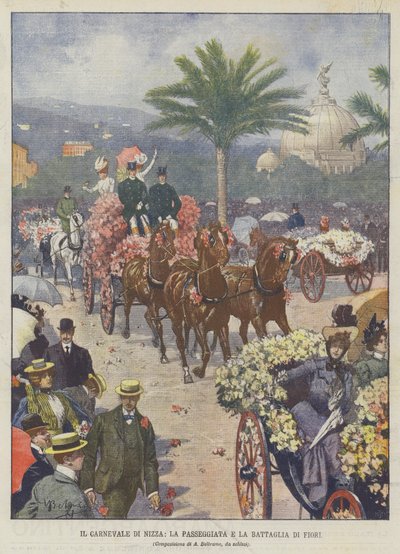 Der Karneval von Nizza, der Spaziergang und die Blumenschlacht von Achille Beltrame