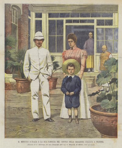 Der italienische Minister und seine Familie im Hof der italienischen Gesandtschaft in Peking von Achille Beltrame