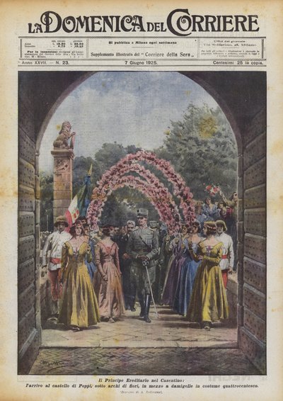 Der Kronprinz im Casentino, die Ankunft auf der Burg von Poppi unter Blumenbögen von Achille Beltrame