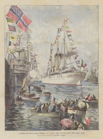 Die Rückkehr Der Monarchen Aus Sardinien, Die Savoia Beim Auslaufen Aus Den Sardischen Gewässern von Achille Beltrame