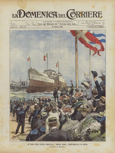 Der Stapellauf des neuen Schlachtschiffs Regina Elena im Arsenal von Spezia von Achille Beltrame