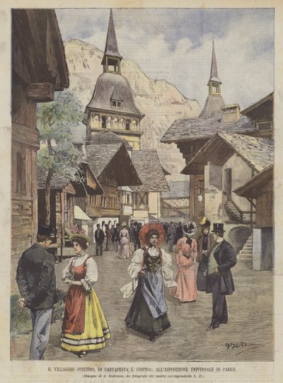 Das Schweizer Dorf aus Pappmaché und Stroh auf der Weltausstellung in Paris von Achille Beltrame