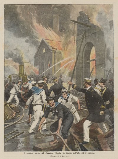 Die Werft von Muggiano (Spezia) brennt im Morgengrauen des 13. dieses Monats von Achille Beltrame