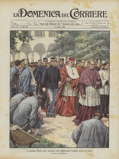 Der Kardinalvikar Mons. Respighi besucht feierlich das Militärkrankenhaus von Rom von Achille Beltrame