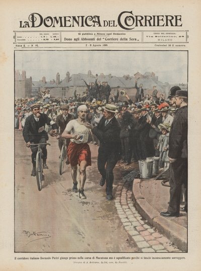 Der italienische Läufer Dorando Pietri kommt als Erster im Marathonlauf an, wird aber disqualifiziert von Achille Beltrame