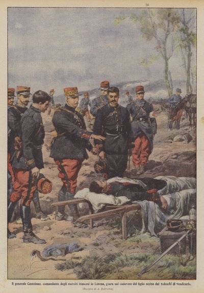 General Castelnau, Kommandant der französischen Armeen in Lothringen, schwört auf den Leichnam seines Sohnes von Achille Beltrame