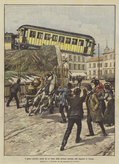 Die große Gefahr, der ein Zug der elektrischen Eisenbahn am Bahnhof von Varese ausgesetzt war von Achille Beltrame