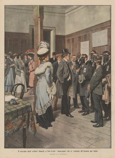 Der Markt der weißen Sklaven in New York, Arbeitslose, die sich aus Hunger versteigern (Farblitho) von Achille Beltrame