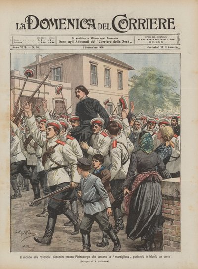 Die Welt steht Kopf, Kosaken bei St. Petersburg singen die Marseillaise und tragen einen Priester im Triumph! von Achille Beltrame