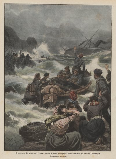 Das Schiffsunglück des Dampfers Luisa vor der portugiesischen Küste, vergebliche Versuche, die Besatzung zu retten von Achille Beltrame