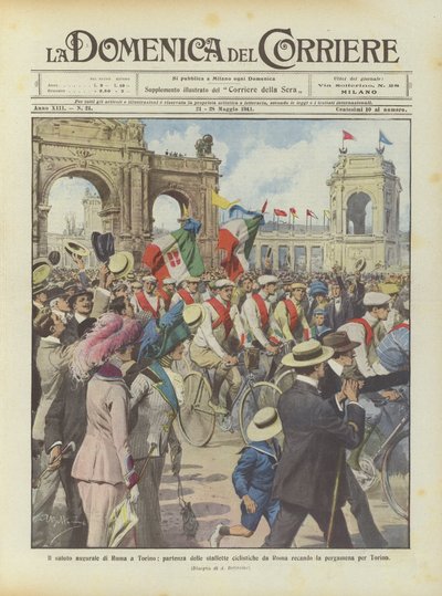 Der Gruß von Rom an Turin, Abfahrt der Fahrradstaffeln aus Rom mit der Pergamentrolle für Turin von Achille Beltrame