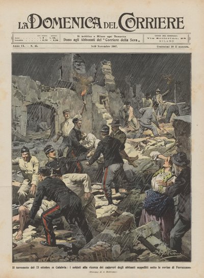 Das Erdbeben vom 23. Oktober in Kalabrien, Soldaten suchen nach den Leichen der Bewohner von Achille Beltrame