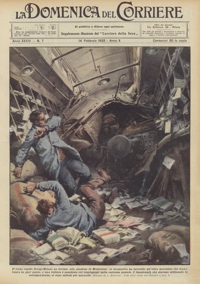 Der Schnellzug Paris-Mailand entgleiste am Bahnhof von Montereau, die Lokomotive erfasste... von Achille Beltrame