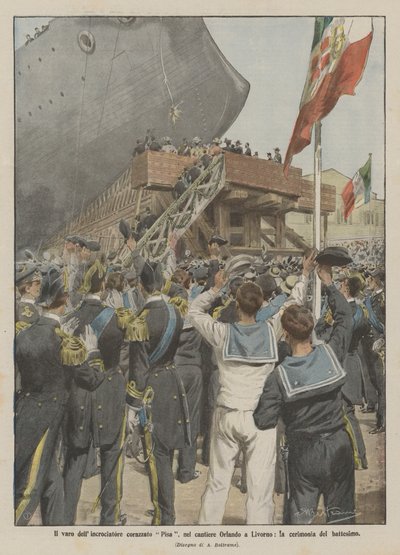 Der Stapellauf des gepanzerten Kreuzers Pisa in der Werft Orlando in Livorno, die Taufzeremonie von Achille Beltrame
