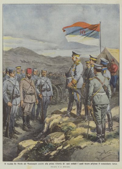 Der alte König Nikola von Montenegro beobachtet den ersten Sieg seiner Soldaten von Achille Beltrame