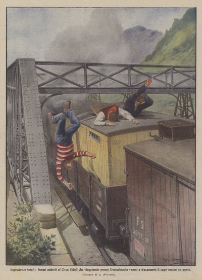 Tödliche Unvorsichtigkeiten, böhmische Zirkusarbeiter des Zirkus Sidoli, die bei Domodossola reisen von Achille Beltrame