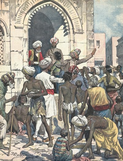 Indien. Dürre verursacht Epidemien. Lebensmittelverteilung. Illustriert von Antonio Beltrame. La domenica del Corriere. 26. Februar von Achille Beltrame