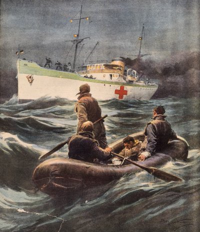 Italienisches Hospitalschiff rettet vier abgeschossene deutsche Flieger, Illustration von Achille Beltrame, 23. Februar von Achille Beltrame