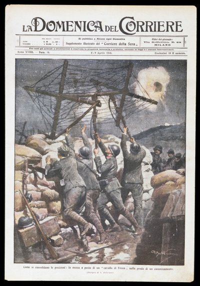 Italienische Soldaten setzen Friesenpferd in den Graben, Platte von Achille Beltrame für Domenica del Corriere, 2-9 April 1916, Erster Weltkrieg, Italien, 20. Jahrhundert von Achille Beltrame