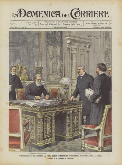 Das Ereignis des Tages, die Unterzeichnung des französisch-italienischen Schiedsvertrags in Paris von Achille Beltrame