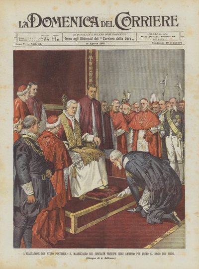 Die Erhebung des neuen Papstes, der Marschall des Konklaves Prinz Chigi wird als erster zum Fußkuss zugelassen von Achille Beltrame