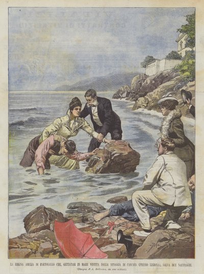 Die Königin Amélie von Portugal, die sich in voller Kleidung ins Meer stürzt von der Küste von Cascais von Achille Beltrame