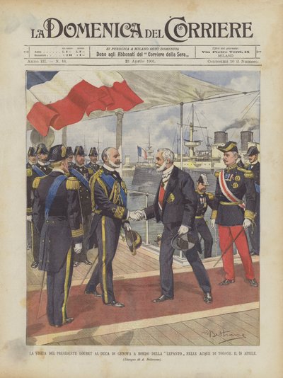 Der Besuch des Präsidenten Loubet beim Herzog von Genua an Bord der Lepanto in den Gewässern von Toulon am 10. April von Achille Beltrame