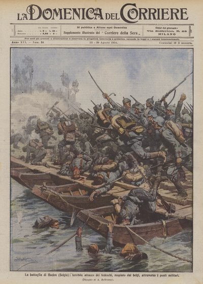 Die Schlacht von Haelen (Belgien), schrecklicher Angriff der Deutschen, zurückgeschlagen von den Belgiern über die Militärbrücken von Achille Beltrame