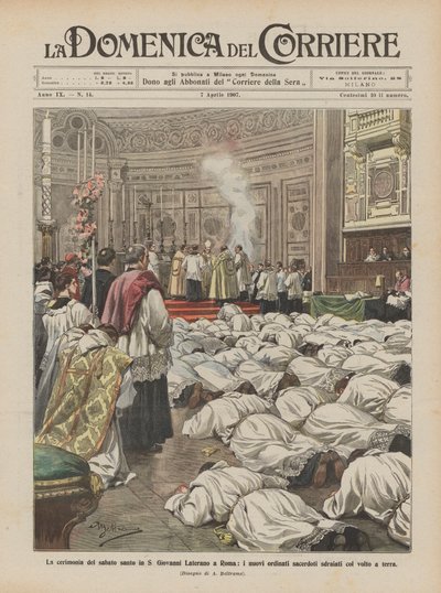 Die Zeremonie des Karsamstags in St. Johannes im Lateran in Rom, die neu geweihten Priester liegen mit dem Gesicht nach unten von Achille Beltrame
