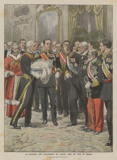 Die Zeremonie der Vorstellung des neugeborenen Thronfolgers von Spanien von Achille Beltrame