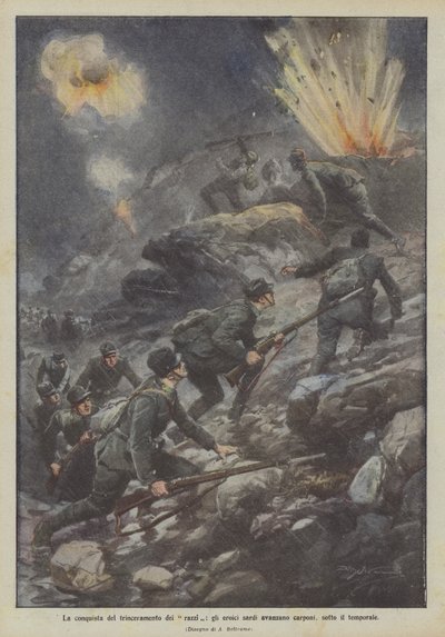 Die Eroberung der Raketenverschanzung, die heroischen Sarden rücken kriechend vor, unter dem Gewitter von Achille Beltrame