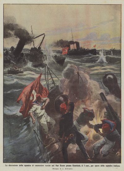 Die Zerstörung der türkischen Kanonenbootflotte im Roten Meer bei Kunfidah am 7. dieses Monats von Achille Beltrame