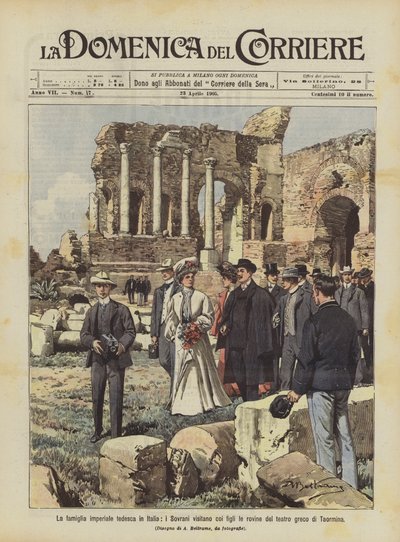 Die deutsche Kaiserfamilie in Italien, die Herrscher besuchen mit ihren Kindern die Ruinen des griechischen Theaters von Taormina von Achille Beltrame