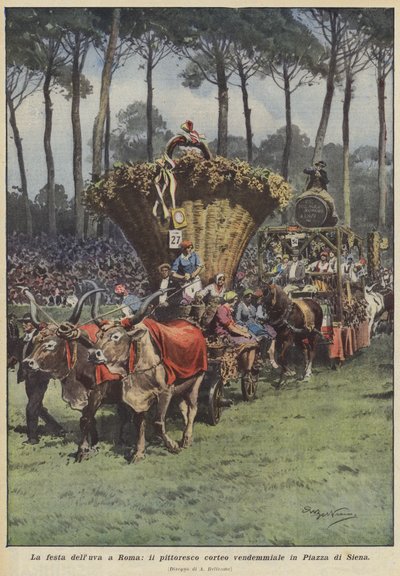 Das Traubenfest in Rom, der malerische Erntezug auf der Piazza di Siena von Achille Beltrame