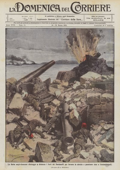 Die anglo-französische Flotte zerstört aus der Ferne die Festungen der Dardanellen, um die Meerenge zu erzwingen von Achille Beltrame
